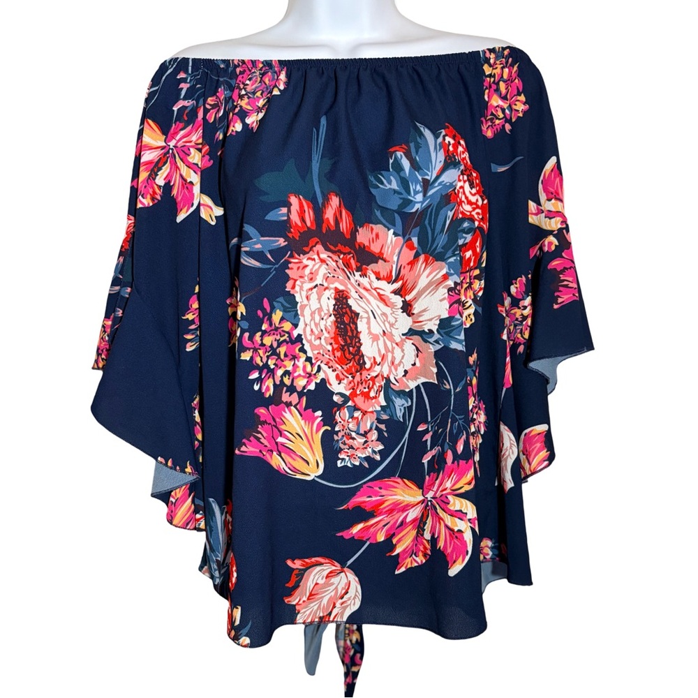 Navy Floral Off Shoulder Top Tie Front Flowy Boho Blouse Size L